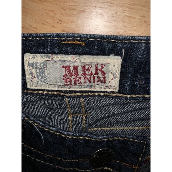 MEK DENIM Sz 27 Zanzibar Bootcut Dark Wash Selvedge Denim Jeans Distressed EUC - Picture 8 of 12